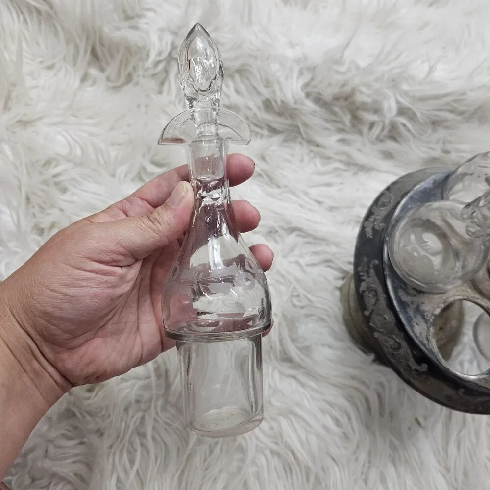 Victorian 6 Bottle Castor Cruet Set Silver Plate Condiment Etched Glass
